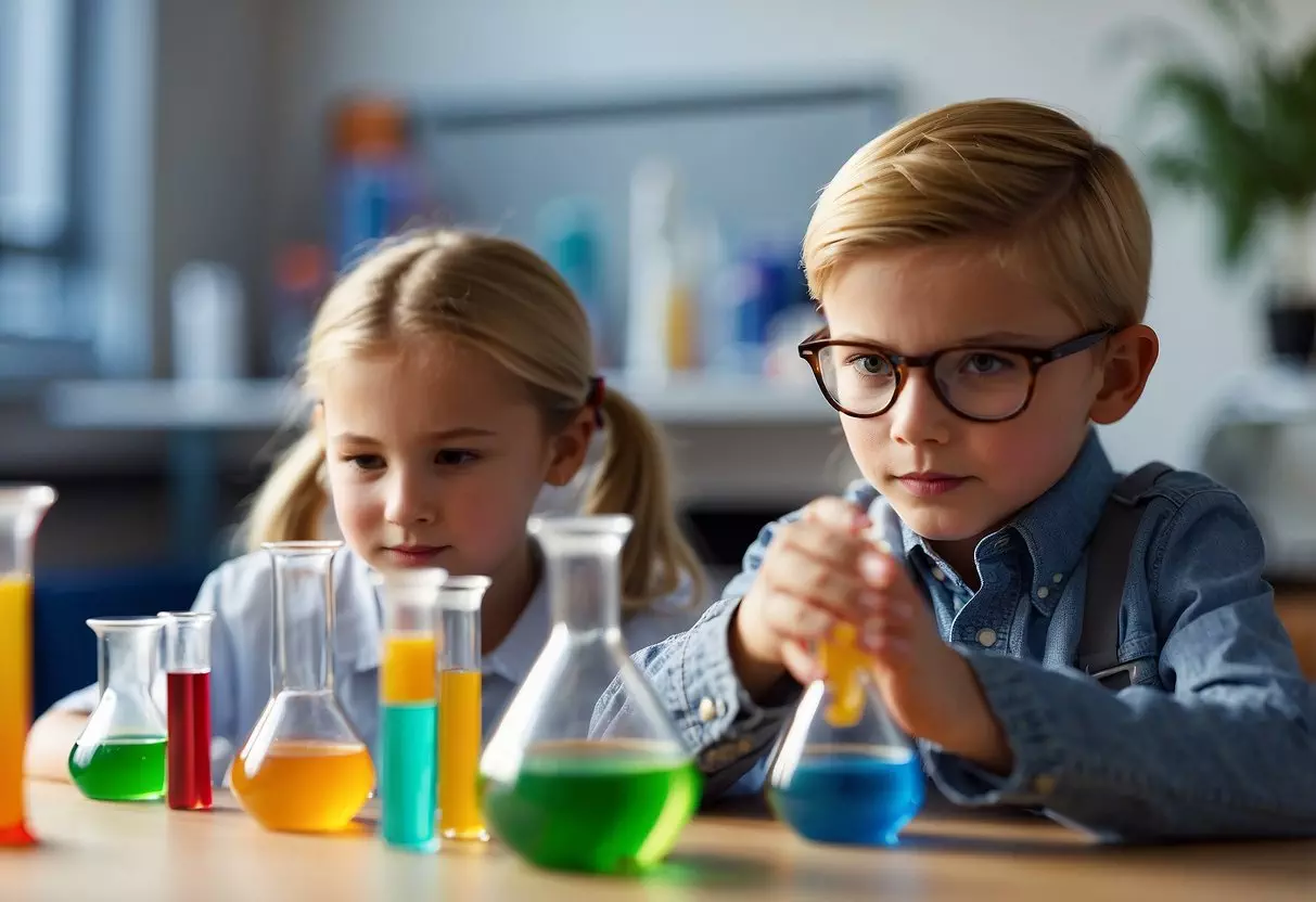 Children conducting science experiments with beakers, test tubes, and colorful liquids on a table in a bright, organized classroom