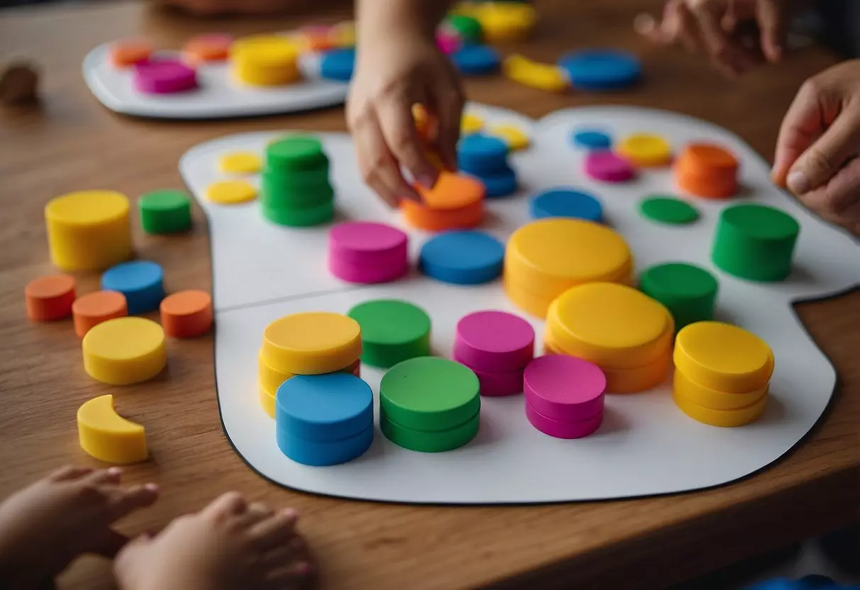 Children stacking colorful shapes, sorting by size and color, and matching shapes to corresponding outlines on a board