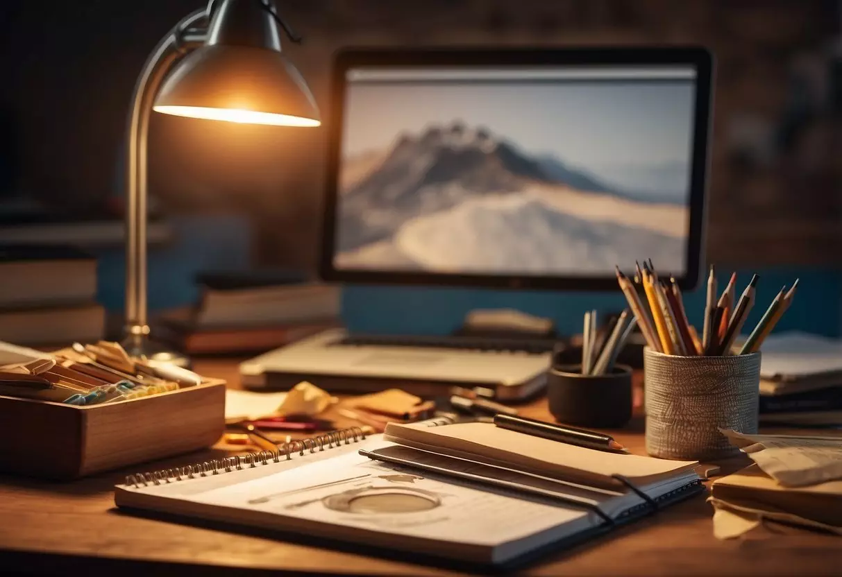 A table with scattered art supplies, sketchbook, and pencil shavings. A lamp casts a warm glow on the workspace