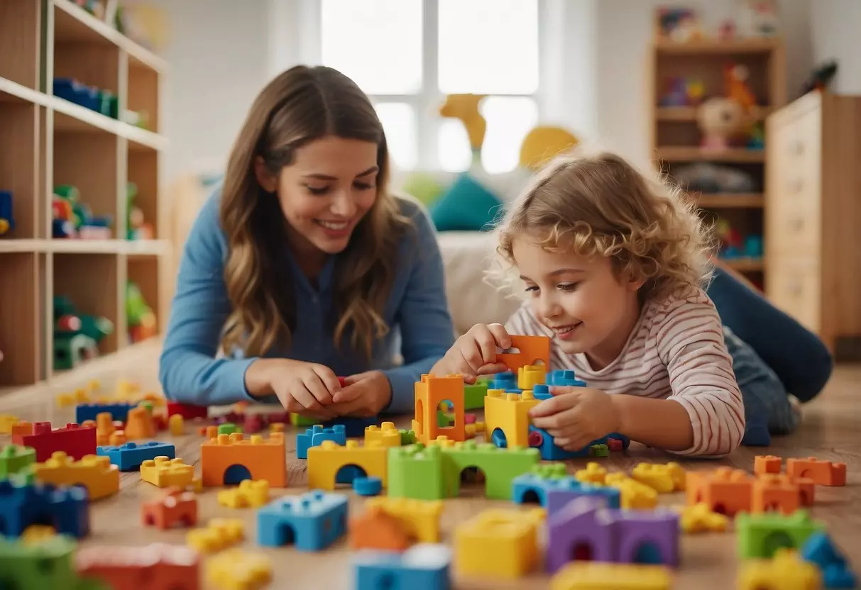 Children playing with toys in a colorful, organized room. A caregiver reads a story while another helps with a puzzle