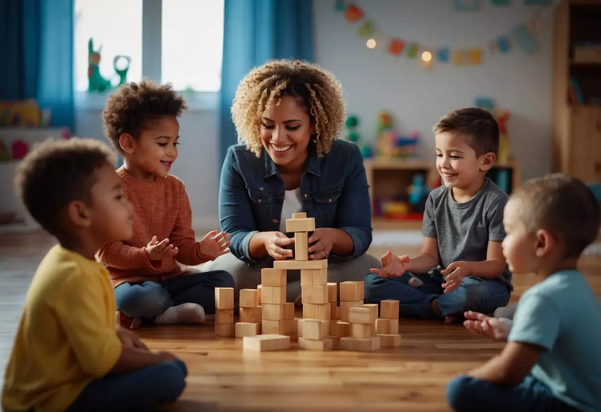 Children playing with blocks, books, and toys, while reciting rhymes. A teacher leads the group in a circle, clapping and chanting together