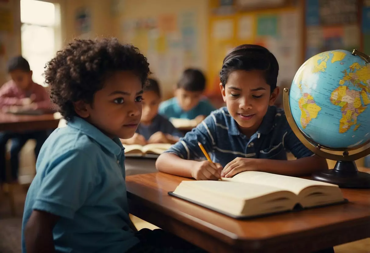 Children engage in reading, writing, and storytelling activities. A globe, books, and writing materials are scattered on desks. Posters with literary themes decorate the walls