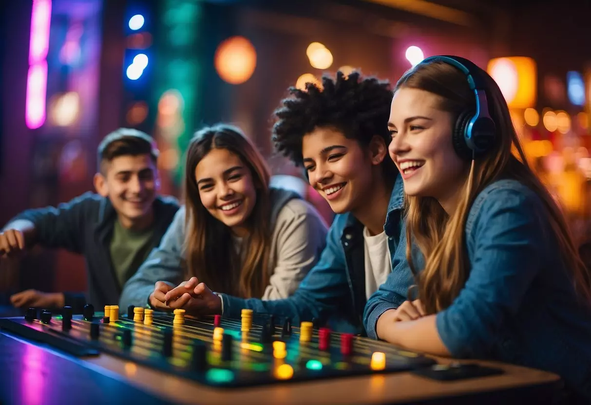 Teens playing games, laughing, and chatting in a colorful, vibrant setting with music playing in the background