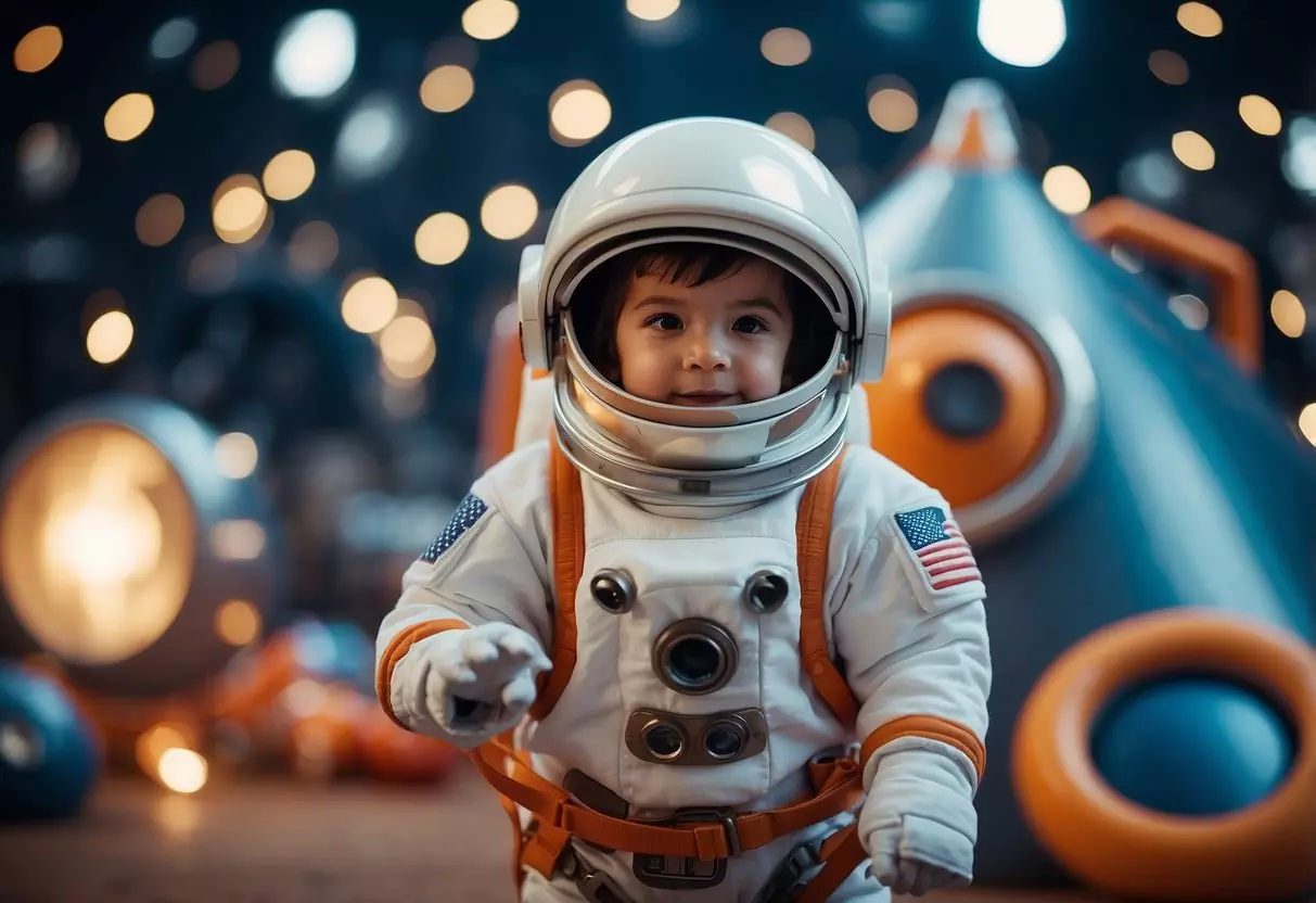 Children in astronaut costumes play with toy rockets and satellites in a futuristic space-themed playground