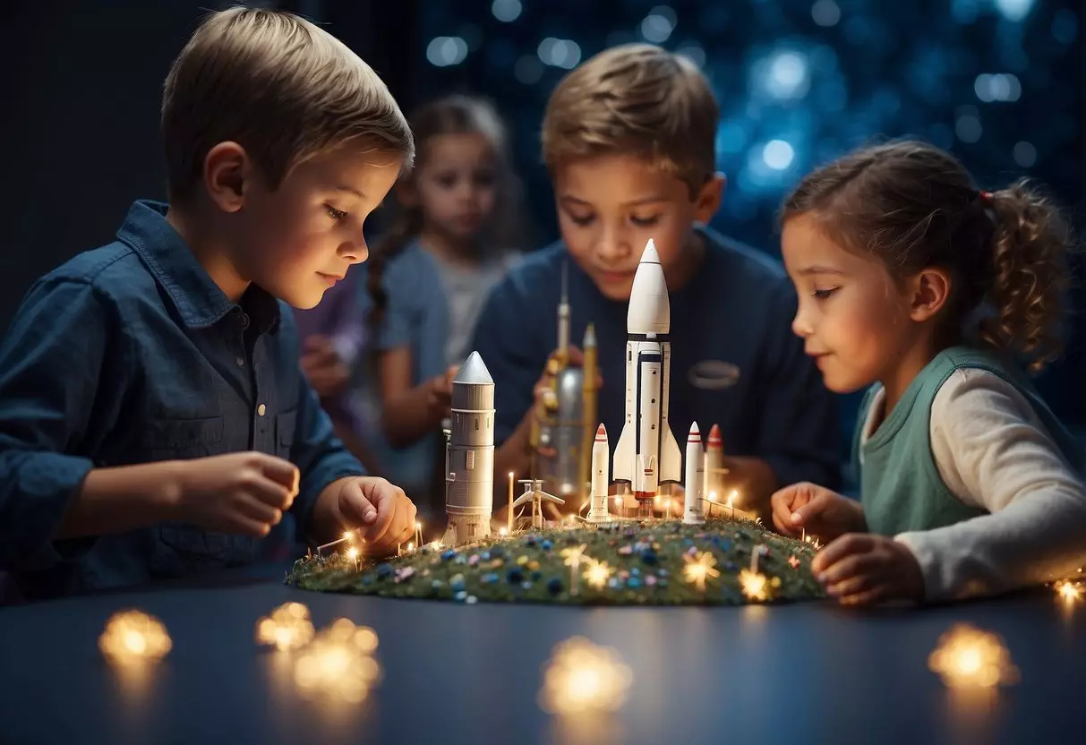 A group of children engage in various space-themed activities, such as building model rockets, studying constellations, and experimenting with gravity