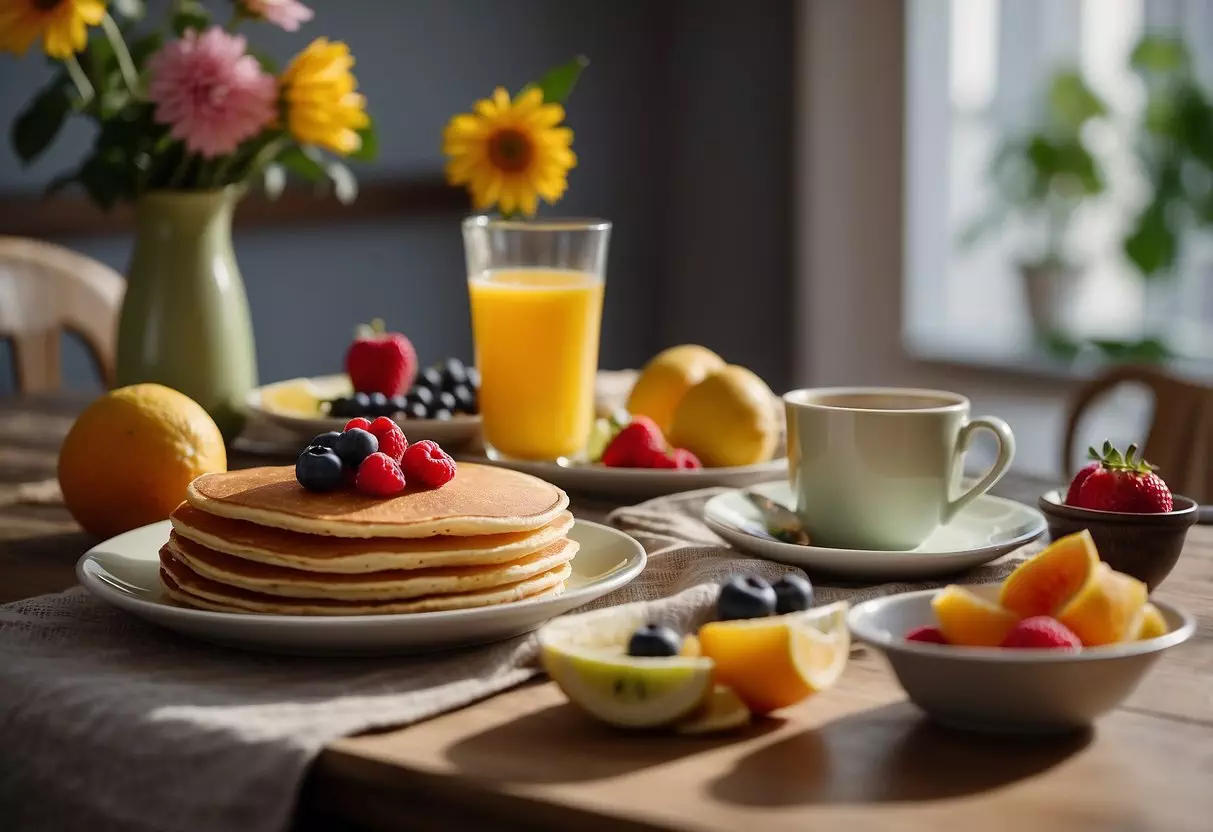 A table set with a colorful spread of food, including a plate of pancakes, a bowl of fruit, and a steaming cup of coffee. A newspaper is spread out next to a vase of flowers