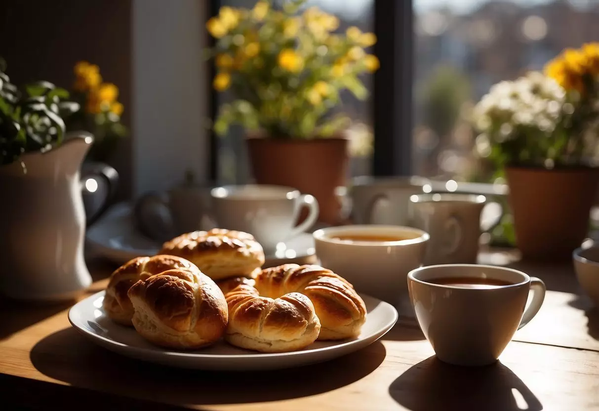 A table set with a variety of breakfast pastries, bread, and spreads. A steaming cup of coffee or tea sits alongside the spread. Sunlight streams in through a window, casting warm shadows on the table