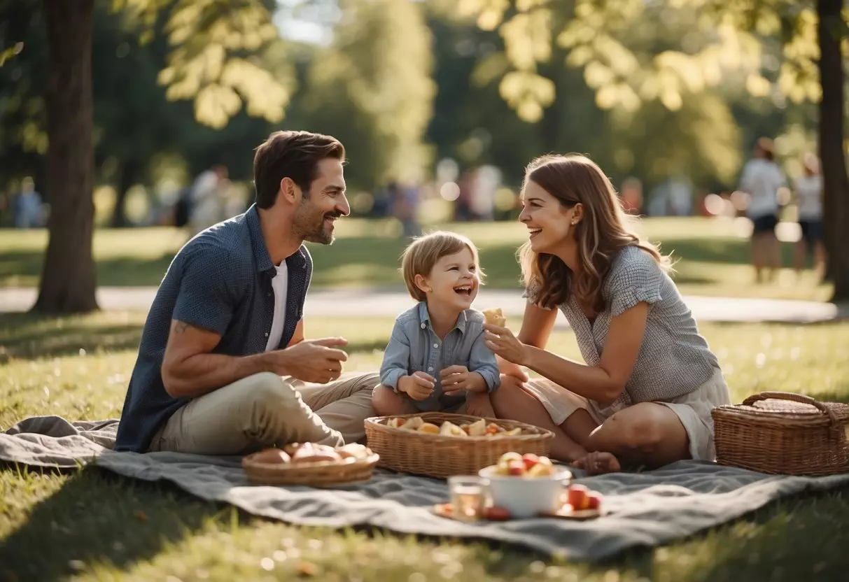 A family enjoys a picnic in a sunny park, playing games and laughing together