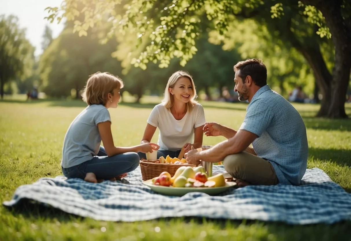 A family picnicking in a lush green park, children playing with a frisbee, parents relaxing on a blanket, surrounded by trees and a clear blue sky