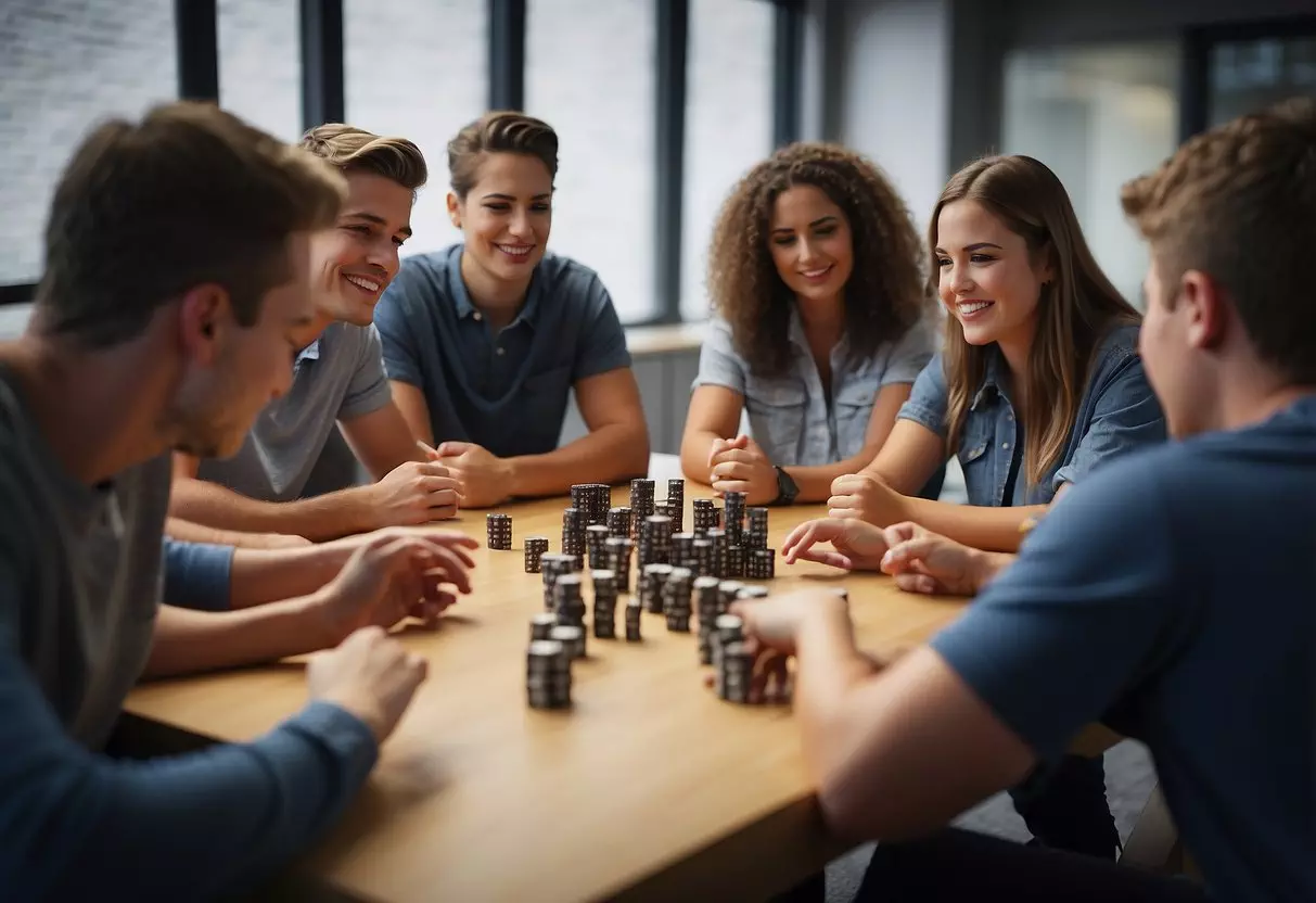 Students working together on a group project, sharing ideas and problem-solving. Engaging in team-building activities like trust falls and group challenges