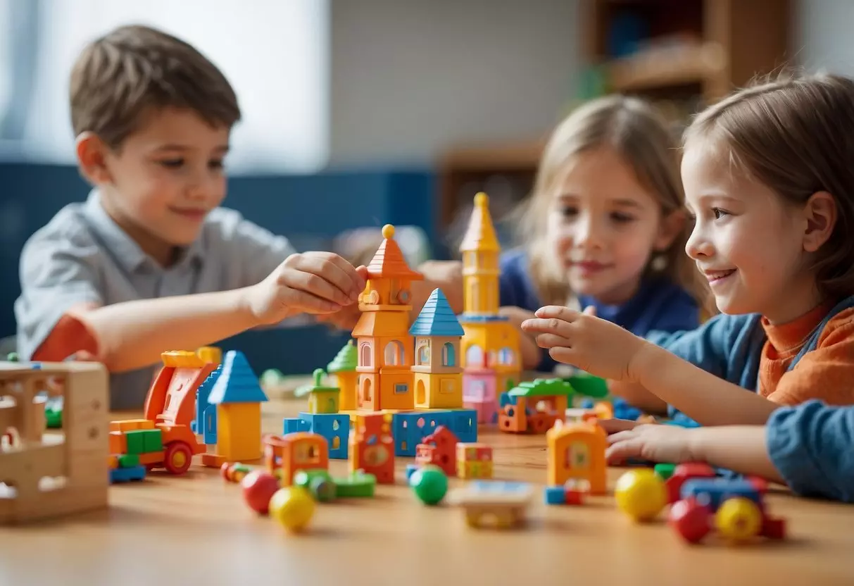 Children engaged in various educational games and activities, surrounded by colorful toys and learning materials