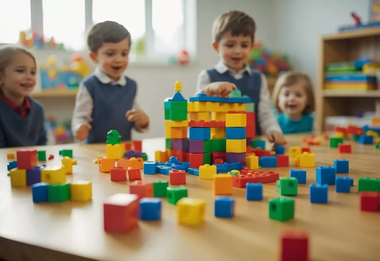 Preschoolers playing games, building blocks, drawing, and singing. Colorful toys and books scattered around a bright, cheerful classroom