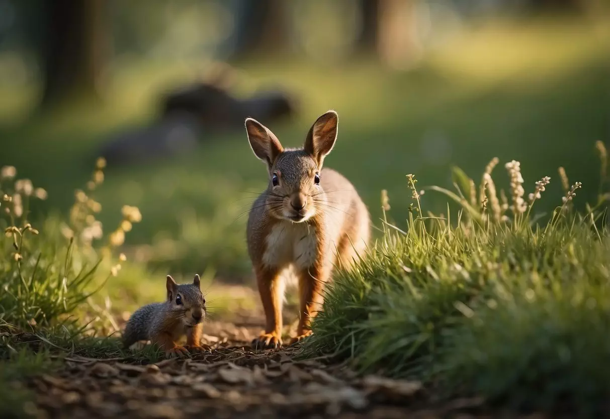 Animals grazing in a lush meadow, birds chirping in the trees, a deer drinking from a tranquil stream, and a squirrel gathering nuts