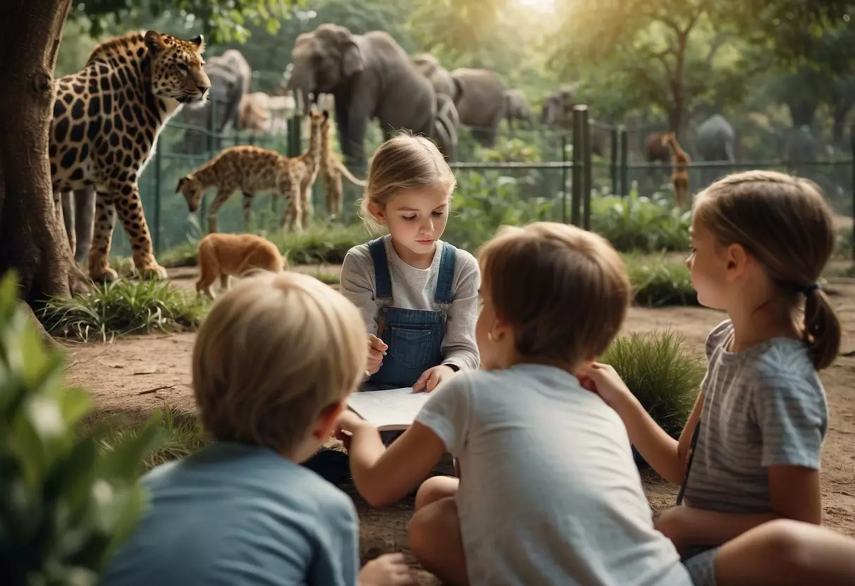 Children observing animals in a zoo, taking notes and sketching. A guide points out different species