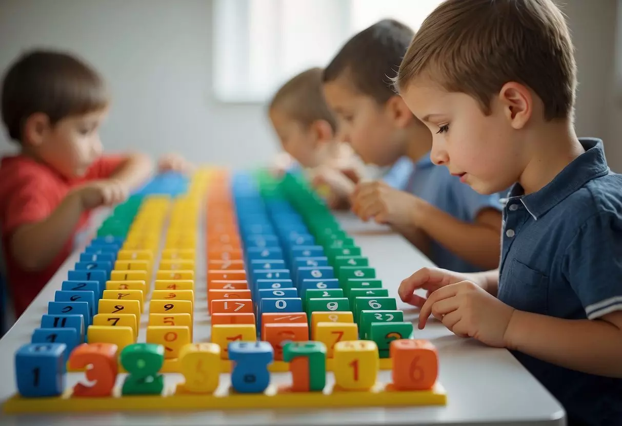 Children arranging numbers in a line, counting, and matching them with corresponding objects