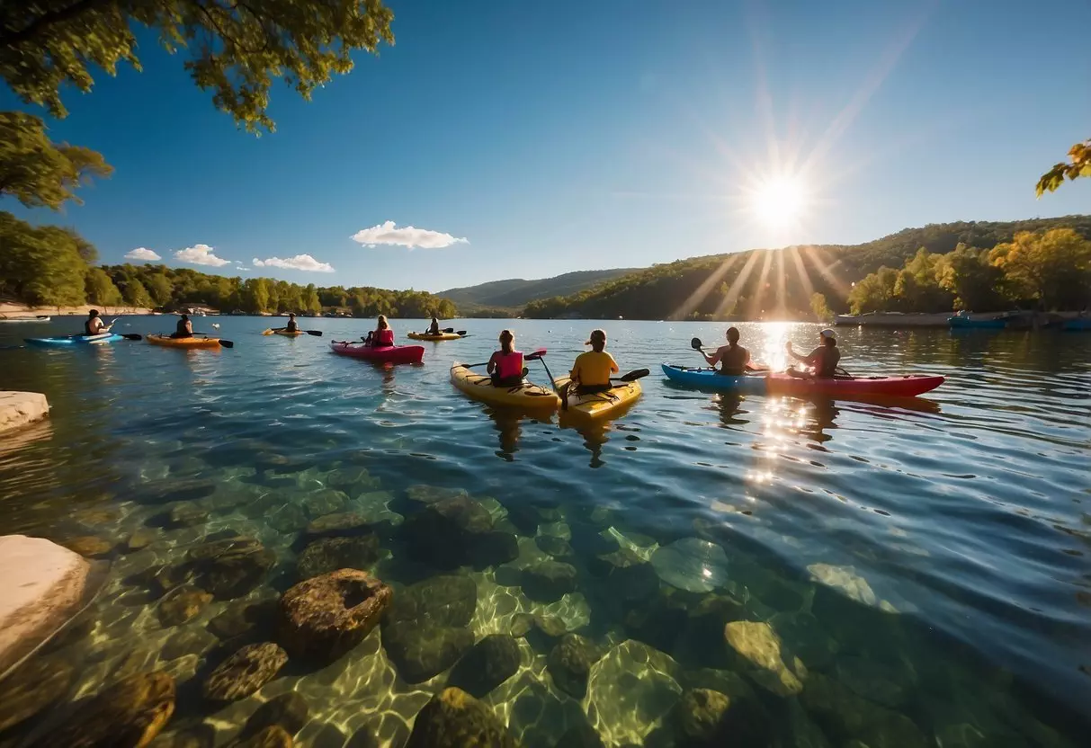 People kayaking on a serene lake, while others are paddleboarding and swimming in the clear blue water. The sun is shining, and colorful boats are scattered across the scene