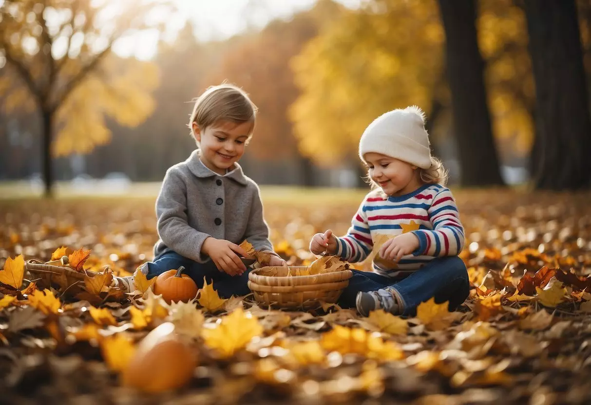 Children playing with fall leaves, crafting turkey art, and enjoying a festive meal together