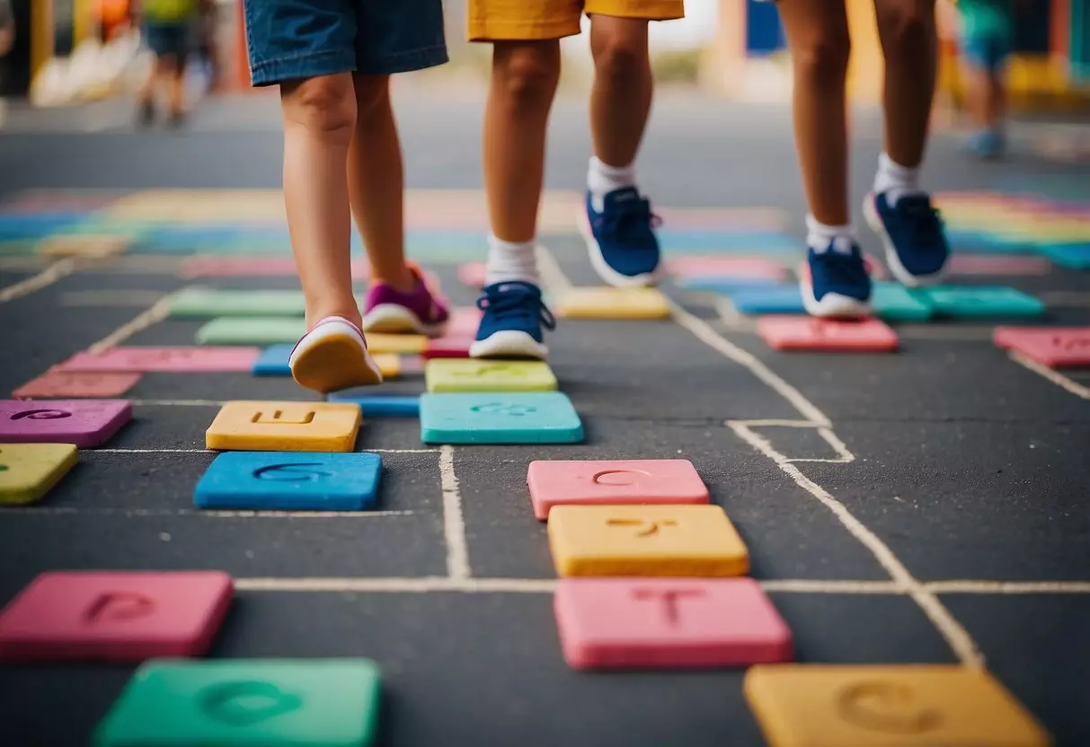 Children playing hopscotch, drawing with chalk, and reading books in a colorful classroom