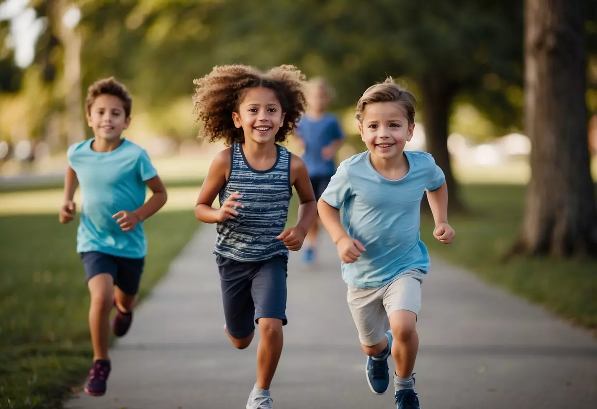 Children running, jumping, and playing games outdoors. Some are doing yoga, while others are playing sports like soccer and basketball