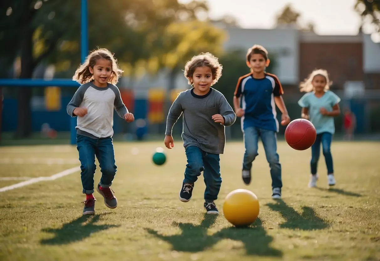 Children playing kickball in a schoolyard, with colorful playground equipment in the background