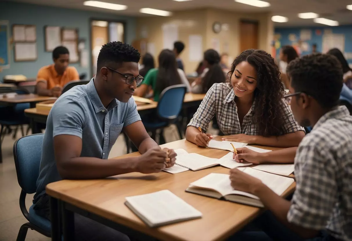 Students engaged in reading, writing, and group discussions. Books, pencils, and paper scattered on desks. Posters with grammar and vocabulary rules on the walls