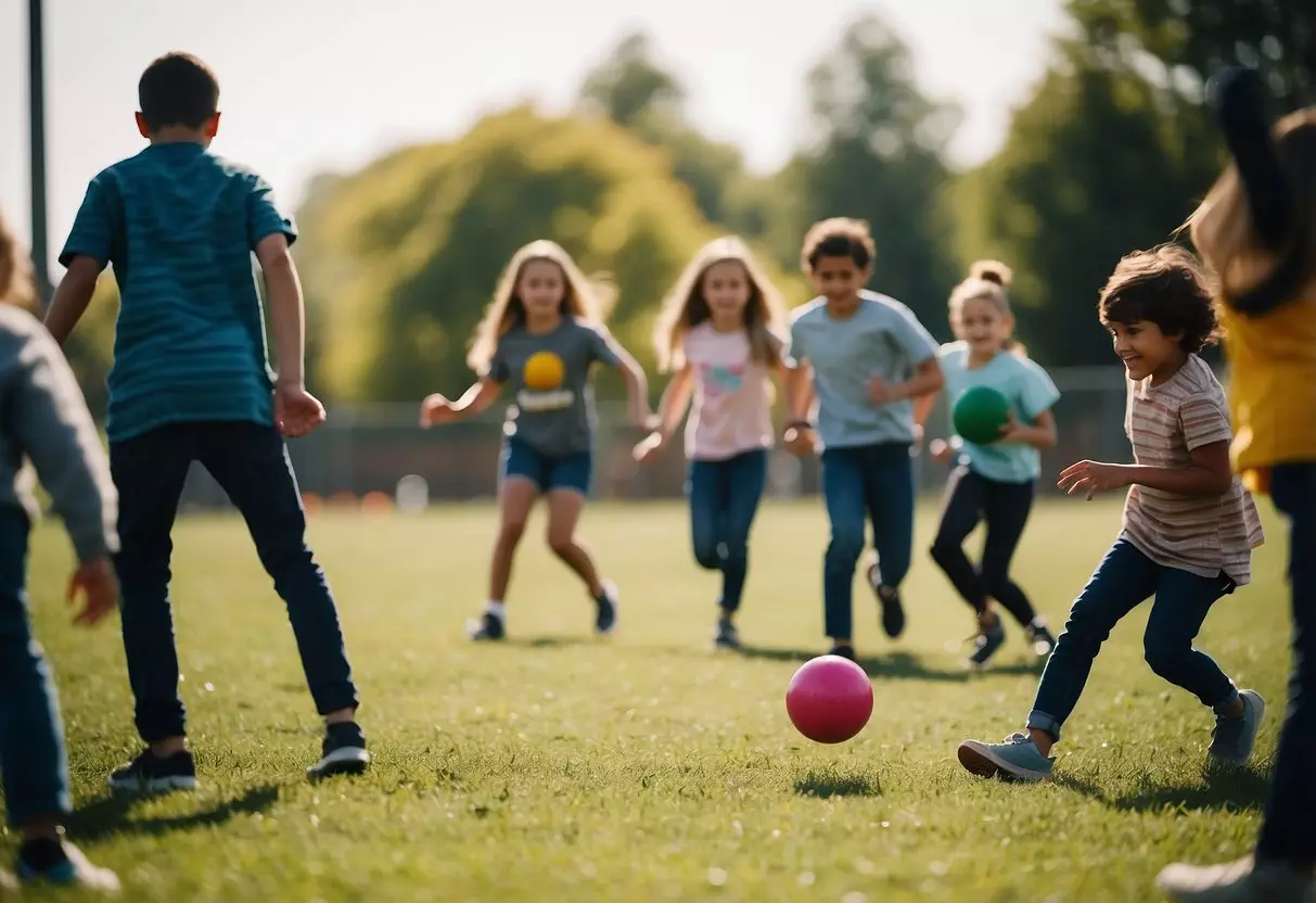 Children playing kickball on a school field, while others engage in a science experiment and a group of students work on a collaborative art project