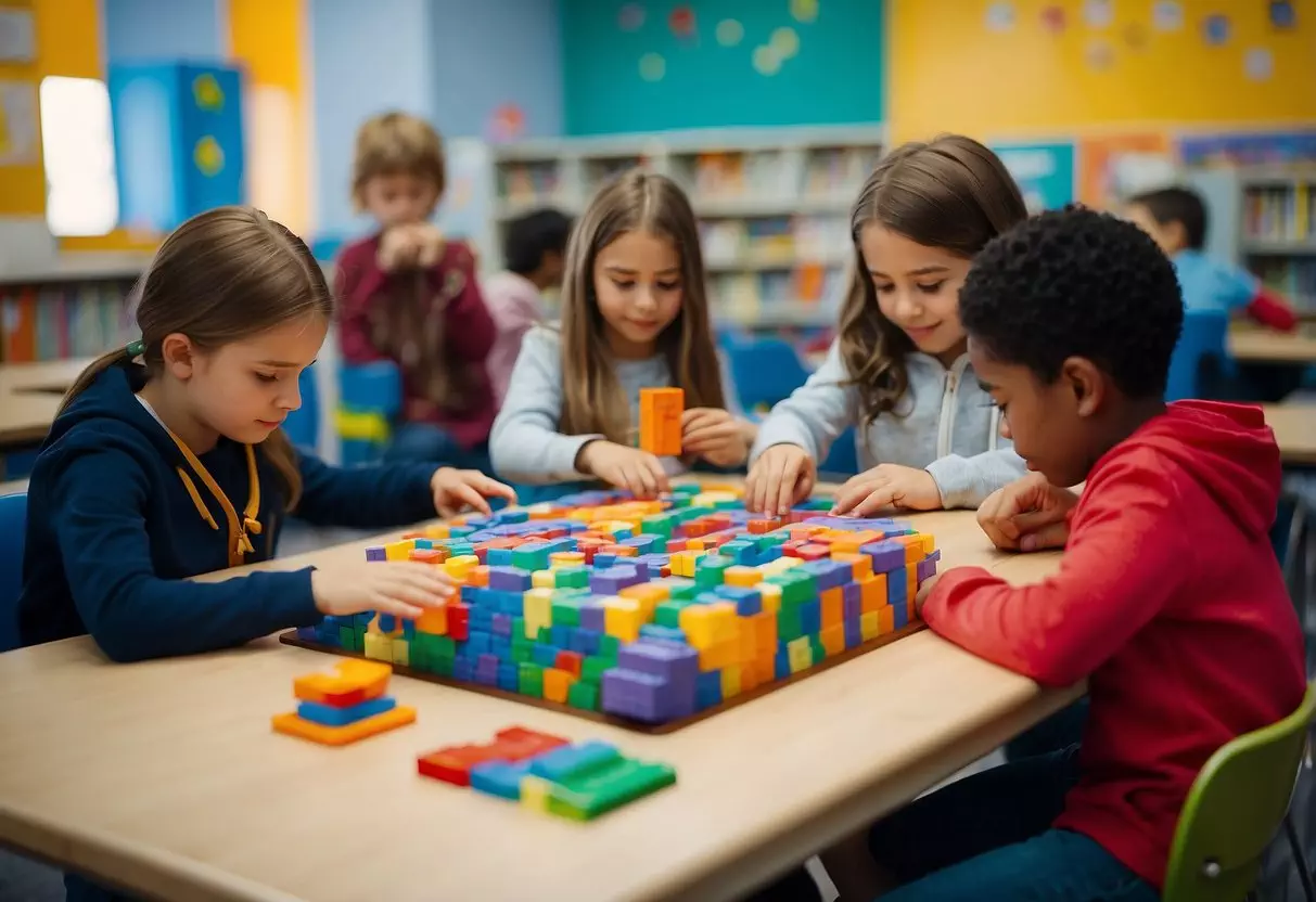 Fifth graders playing educational games, surrounded by colorful learning materials and interactive technology