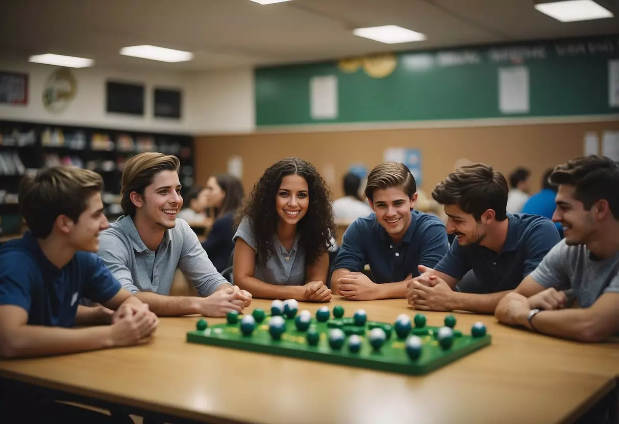 Students playing soccer, chatting at lunch, and working on group projects in a classroom