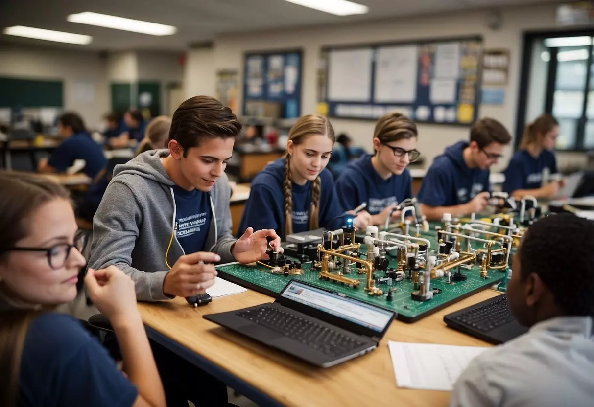 Students working on STEM projects, using laptops, microscopes, and building materials. Tables filled with science equipment, posters on the walls, and a teacher guiding the activities