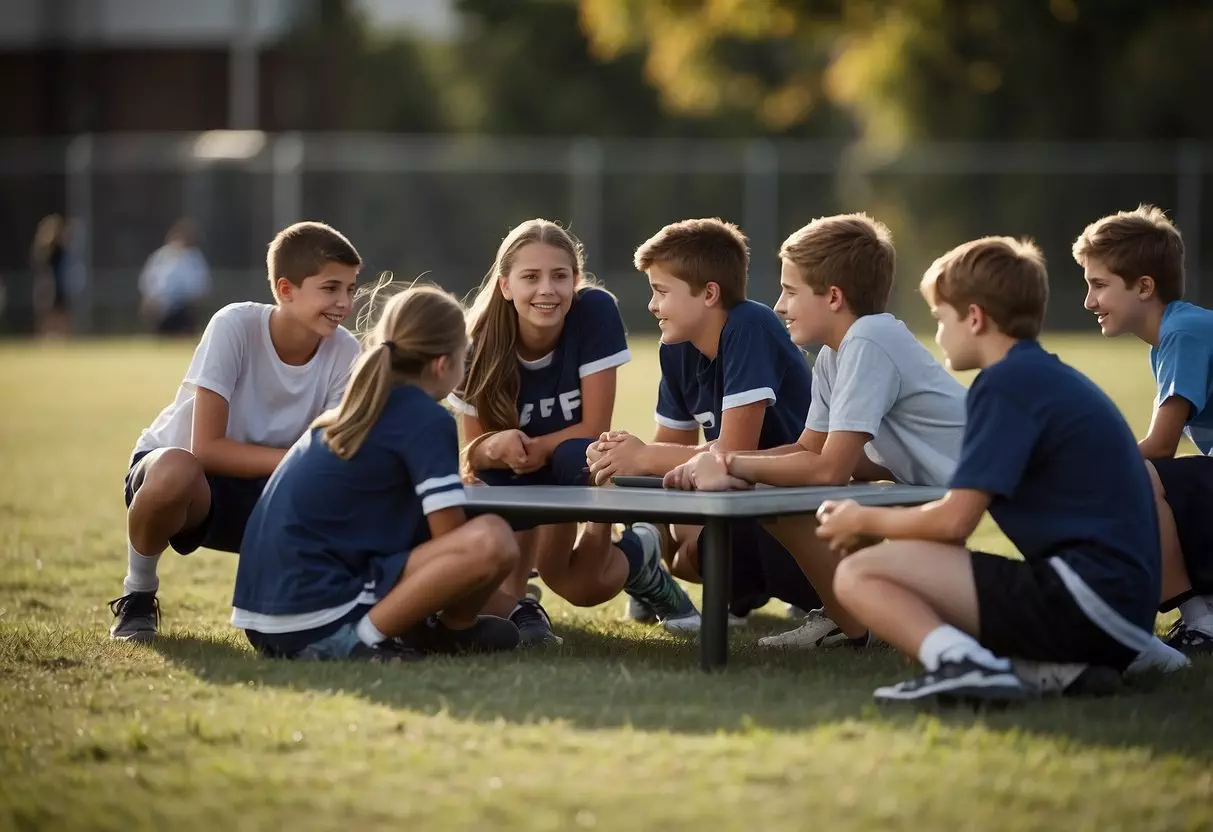 7th graders playing soccer on the school field, while others chat and laugh on the bleachers. A group of students are huddled around a table, working on a science project