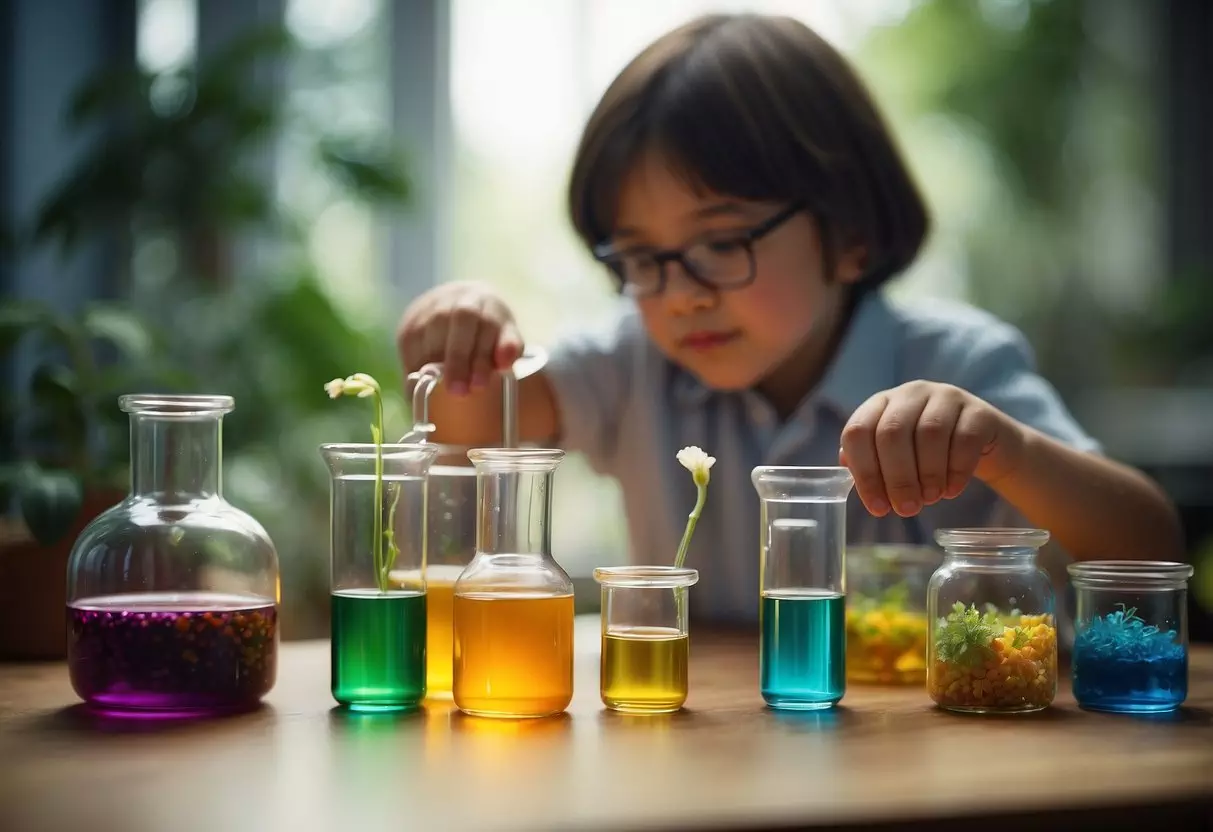 Children mixing colored liquids in test tubes, observing plants under a magnifying glass, and building simple structures with blocks