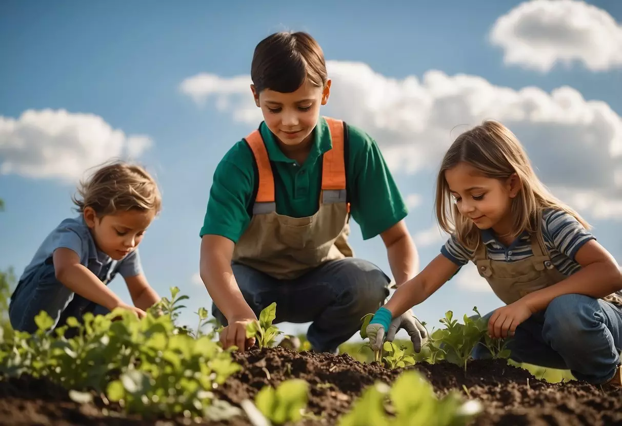 Children planting trees, picking up trash, and recycling. Animals roaming in a clean, green environment. Sun shining, clouds in the sky