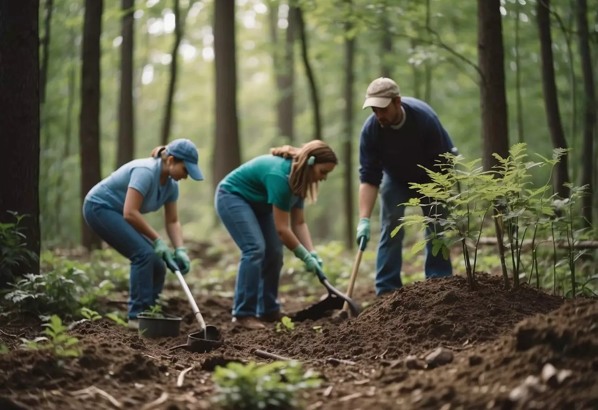 People planting trees, cleaning up trash, and using reusable items. Wildlife and nature thriving