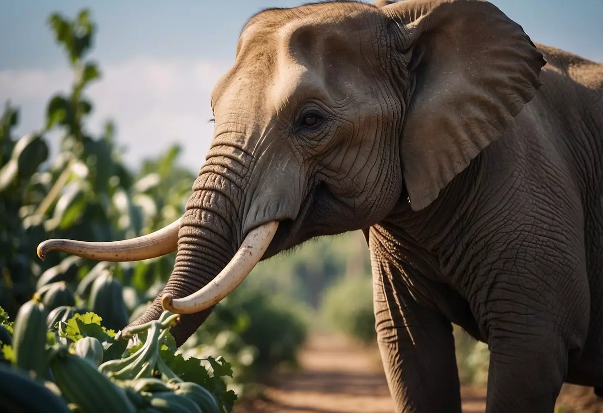 Energetic elephant eagerly eating enormous eggplants