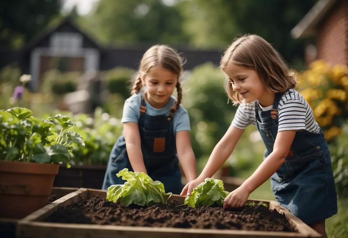 Children gardening, gathering produce, or playing games