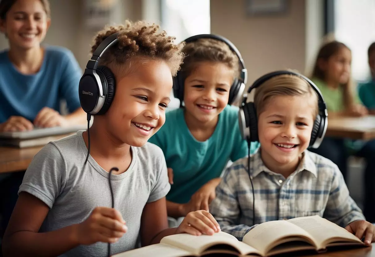 Children happily engaging in hands-on activities, holding books, and using headphones for language learning