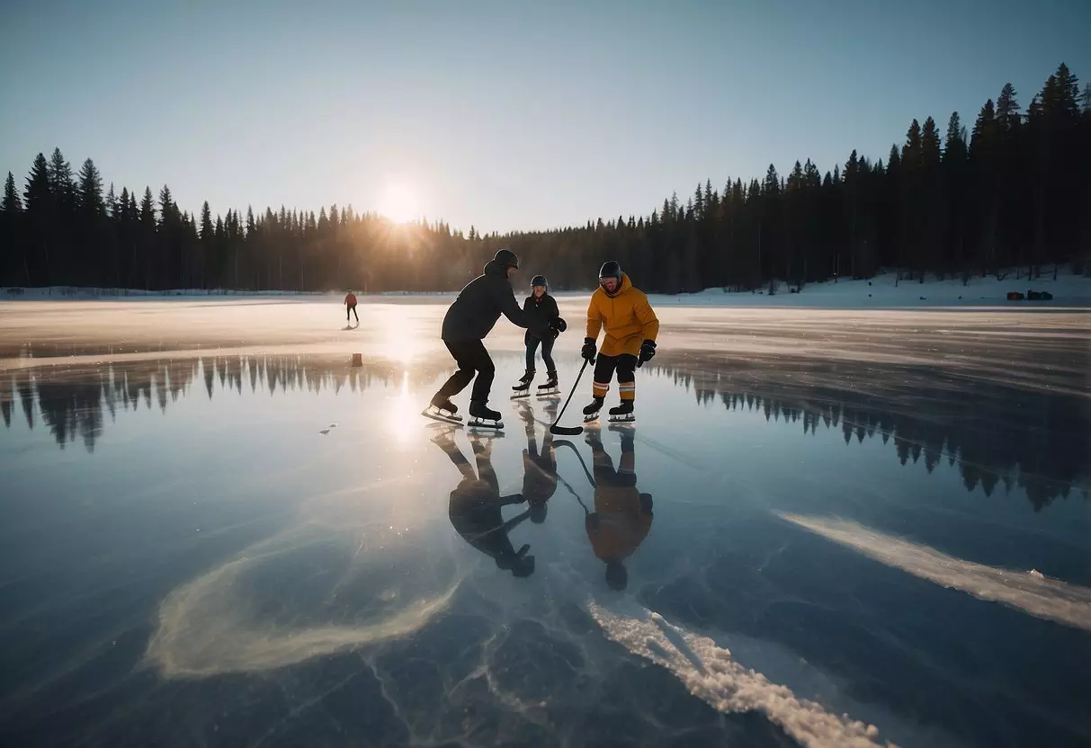 Individuals ice skating on a frozen lake, igniting a bonfire, and indulging in an impromptu game of ice hockey