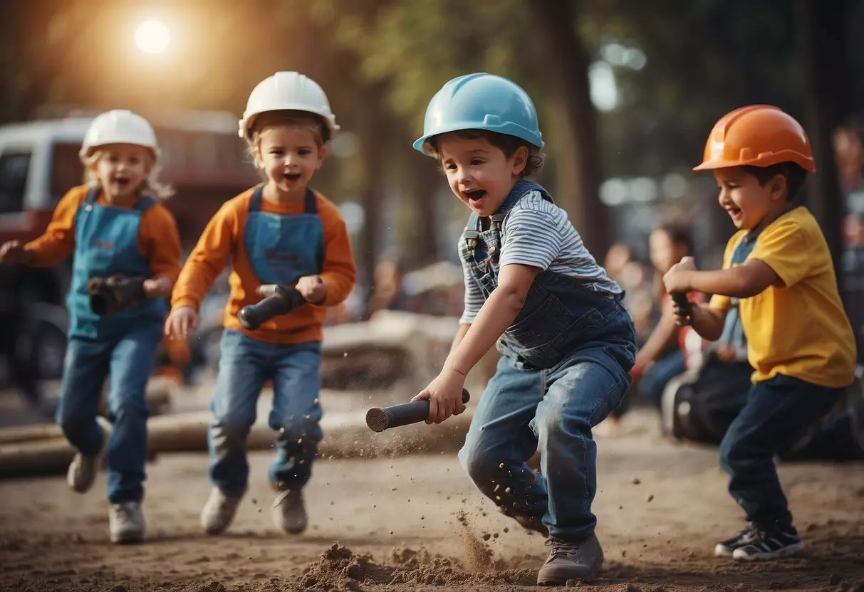 Children jumping, a juggler juggling, and a jackhammer in action