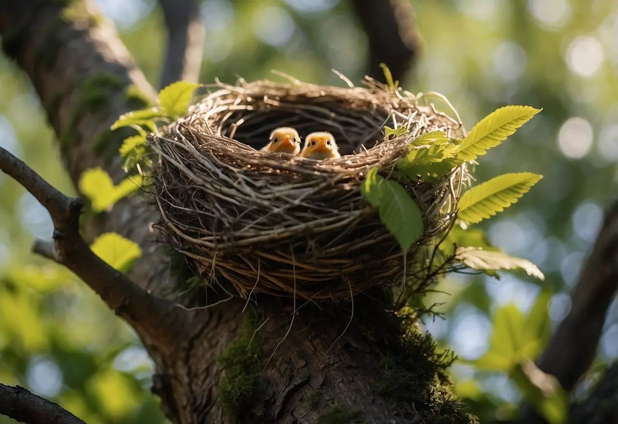 A nest of newborn birds nestled in a gnarled tree, while nearby, a nimble newt navigated through the underbrush