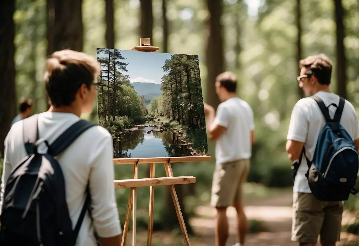 People engaging in outdoor activities: observing nature, orienteering, and open-air painting