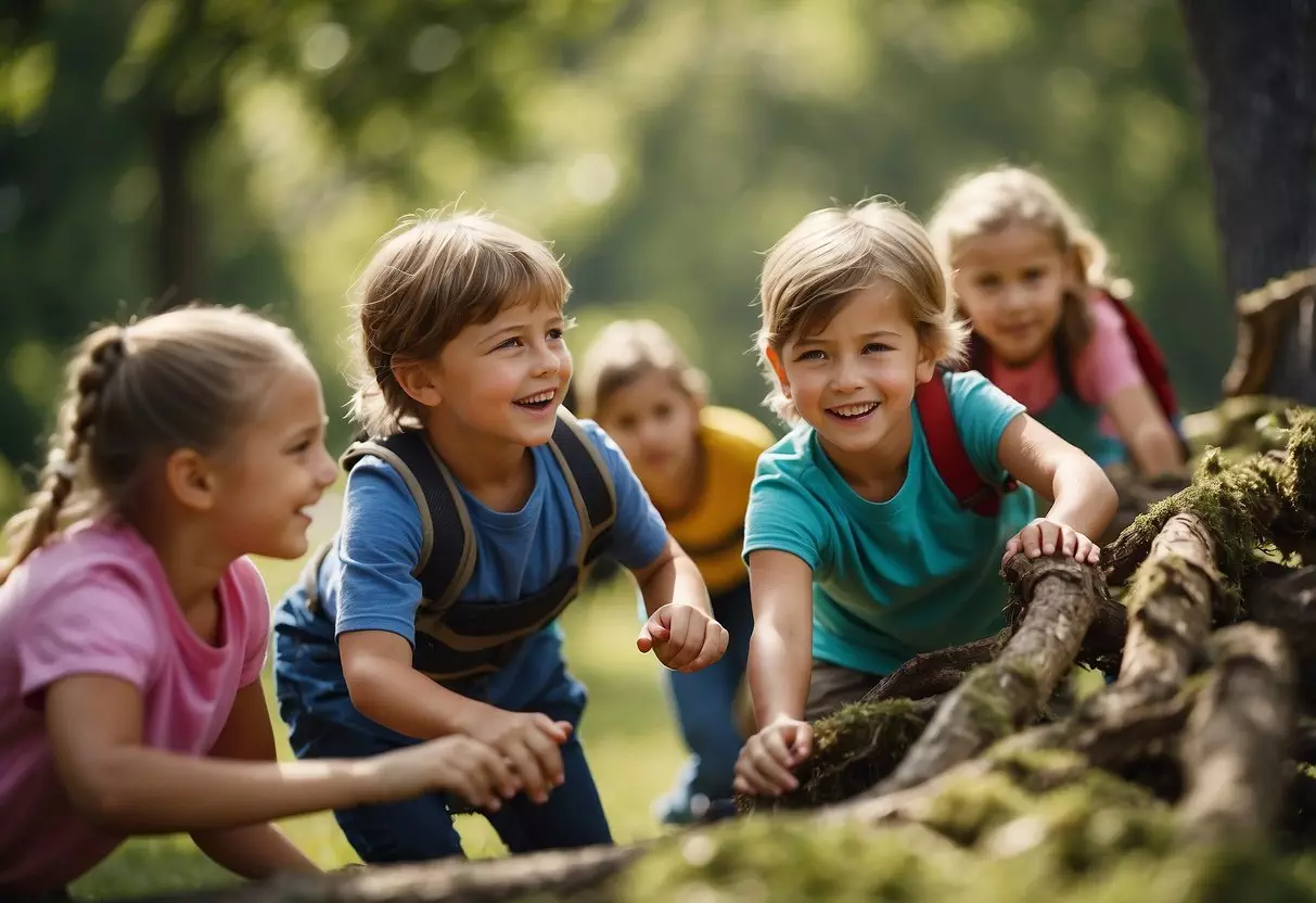 Children engage in outdoor obstacle course, organizing teamwork games, and observing nature in a playful and interactive learning setting