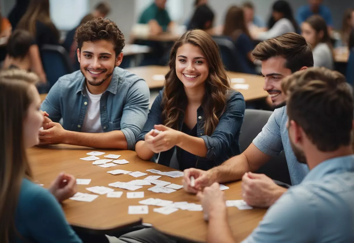 Students in groups, quizzing each other, using question cards, and participating in quick thinking activities