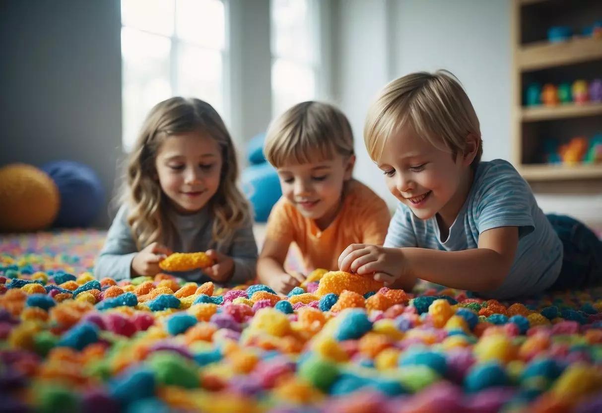 Children rolling and rubbing rainbow rice, rocks, and ribbons in a relaxing, radiant, and rhythmic sensory play space