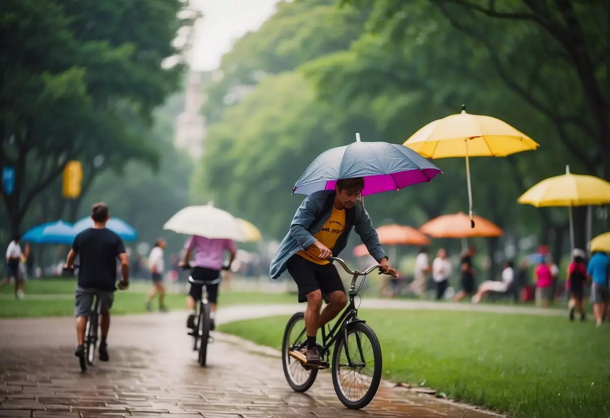 Unicycling under umbrellas, ukulele playing, and ultimate frisbee in a urban park