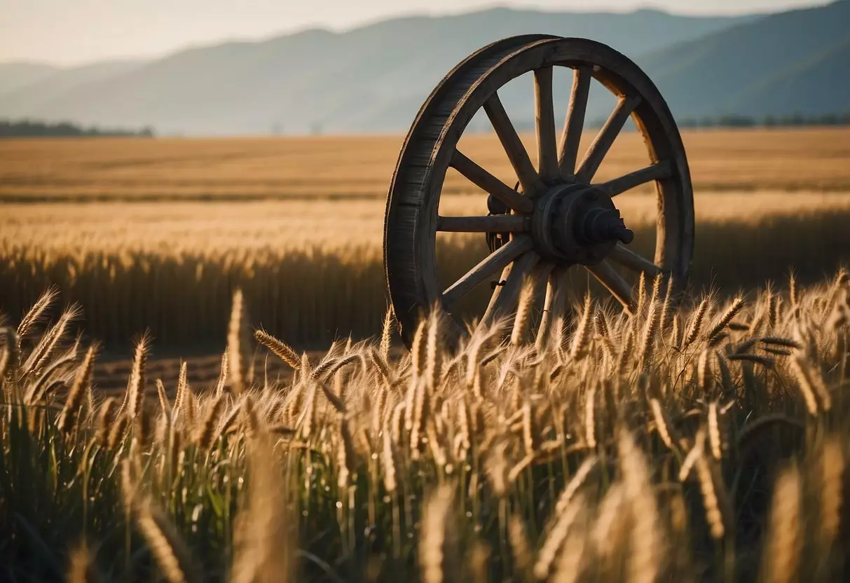 A wagon wheel rolling through a wheat field with windmills in the background