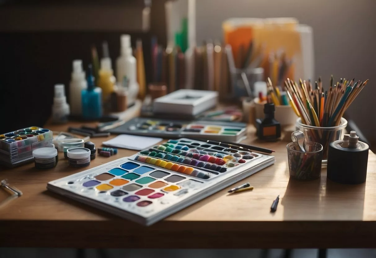 Various art supplies scattered on a table, including watercolors, wax crayons, and wire for wire sculpture. A canvas with a work in progress and a sketchbook open to a blank page