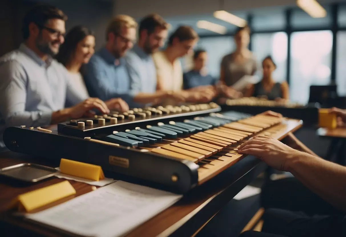 People playing xylophone, x-raying objects, and xeroxing papers in a bustling office