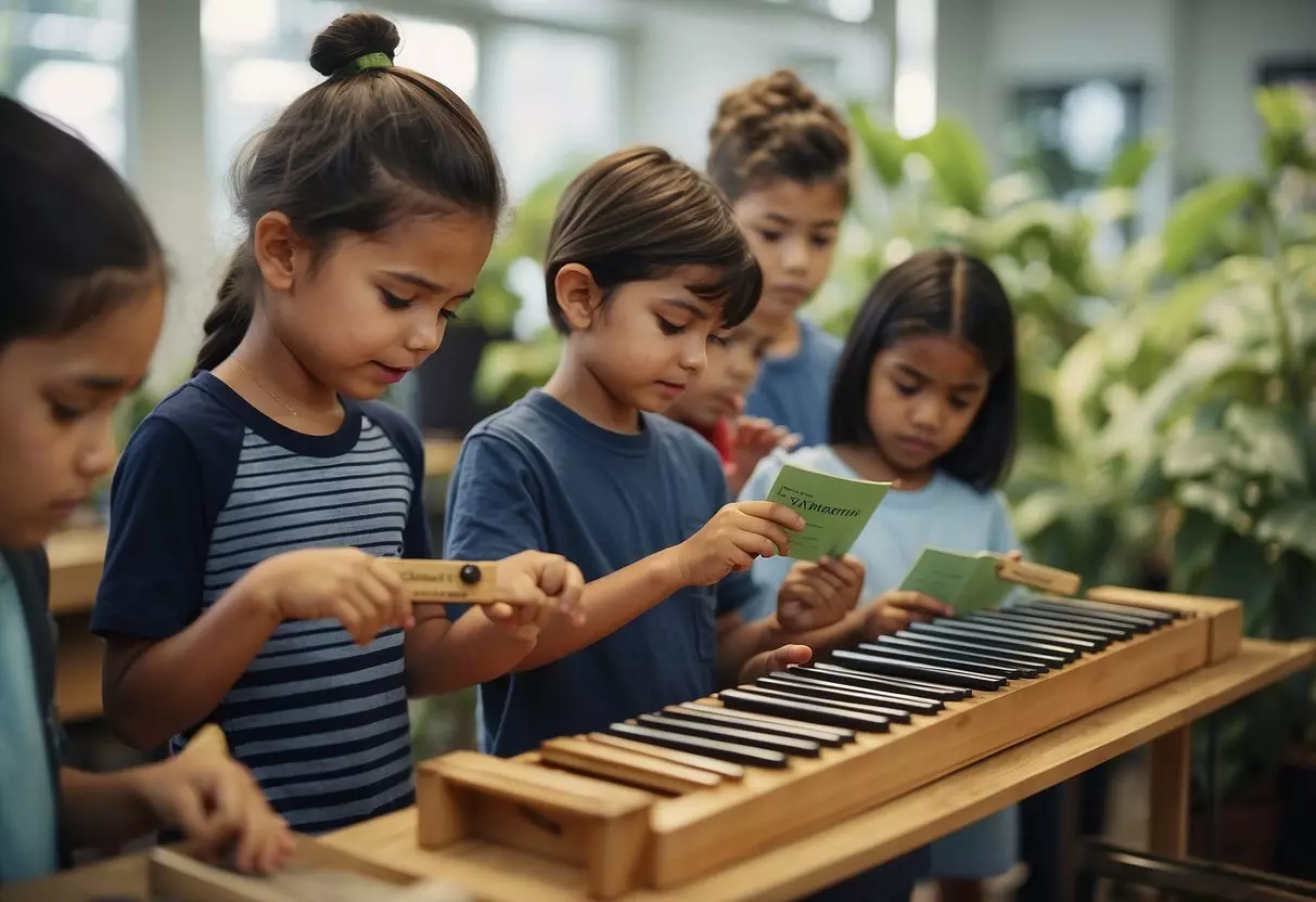 Children exploring a xylophone, a teacher explaining x-ray technology, parents reading a book about xenophobia, and students examining xylem in a plant