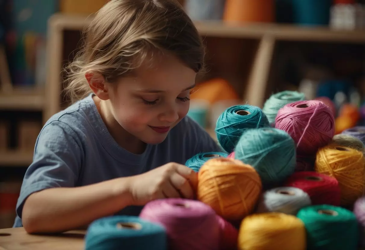 A young child eagerly creating a colorful yarn masterpiece on a large piece of cardboard, surrounded by various art supplies and craft materials