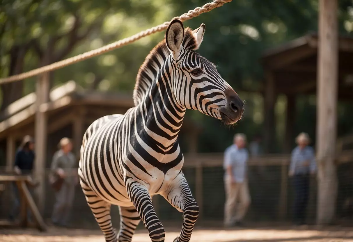 A zebra zigzagging through a zoo, while a zipline zooms overhead, with zealous zookeepers zipping around, and a zither player providing background music